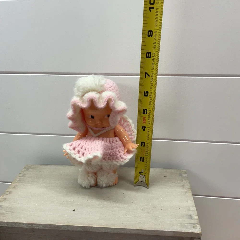 Vintage Irwin USA 6 Inch Hard Plastic Baby Doll Pink Crochet Outfit Side Glance